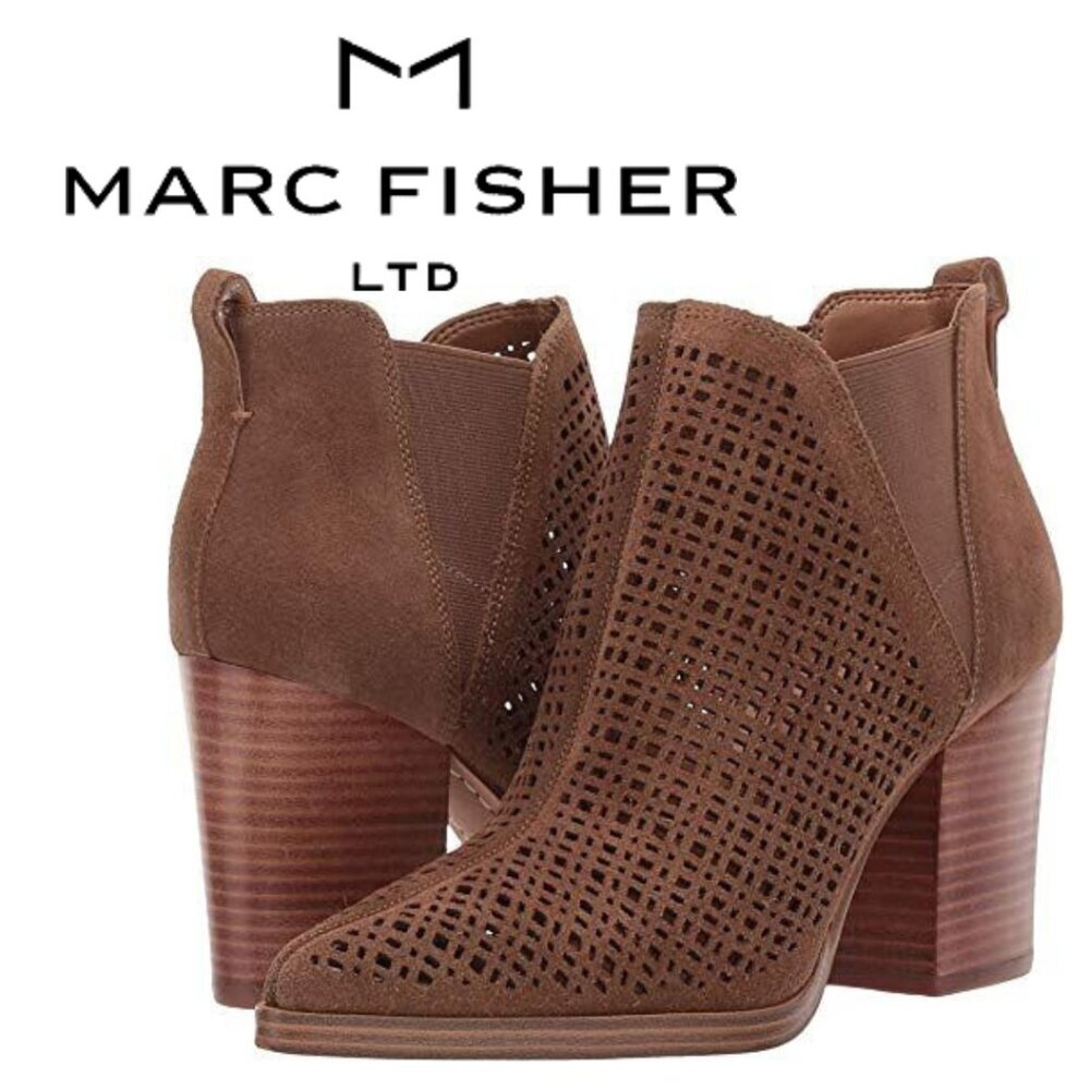 Marc Fisher, Arwen Perforated Pointed-Toe Suede Bootie, Tan, Brown